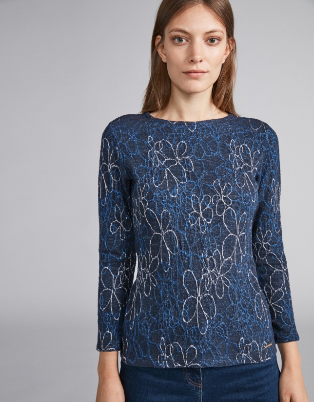 Navy blue knit top with floral print Woman Roberto Verino