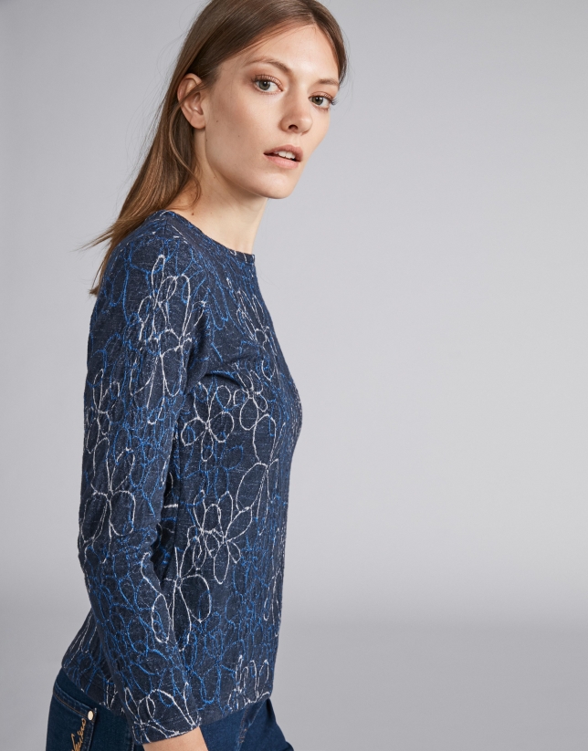 Navy blue knit top with floral print Woman Roberto Verino