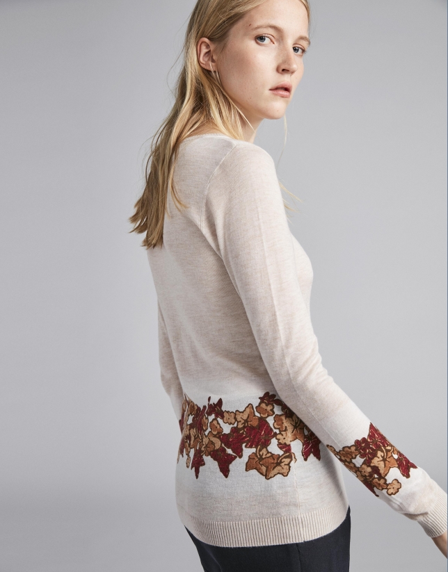 Beige fine knit top with floral print