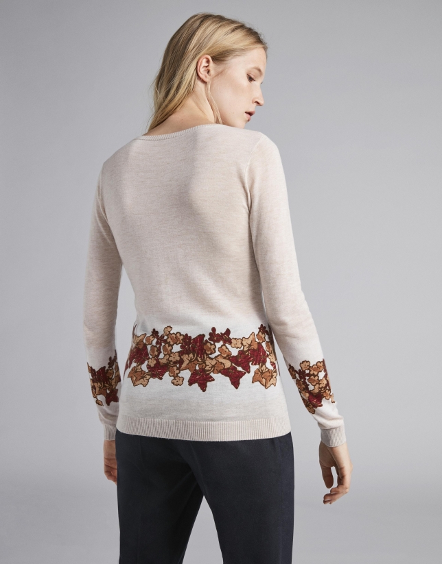 Beige fine knit top with floral print