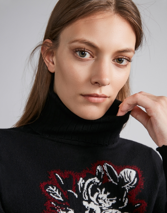 Black sweater with floral jacquard and mock turtleneck