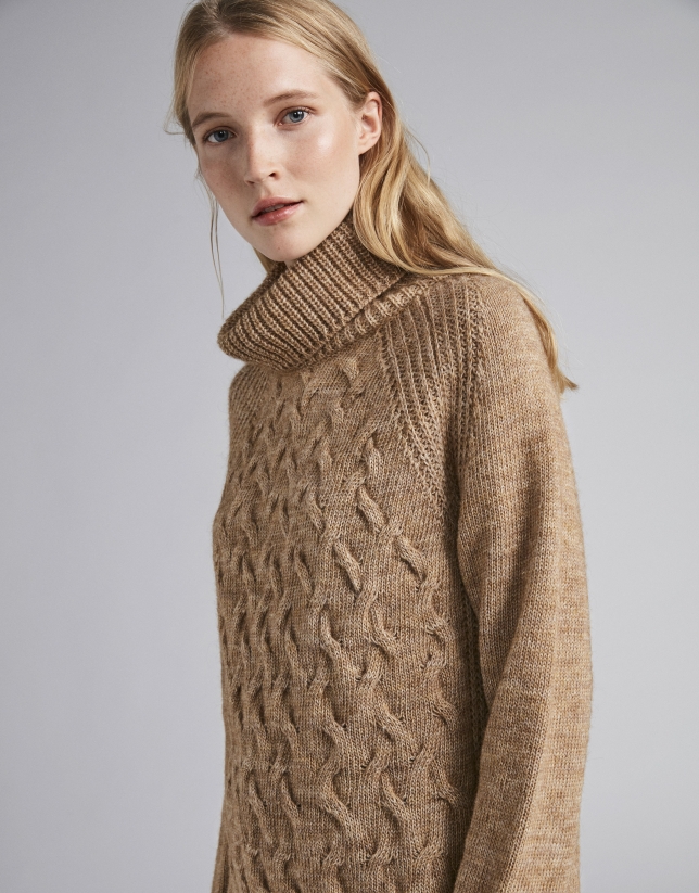 Mink-colored sweater with stovepipe collar and decoration
