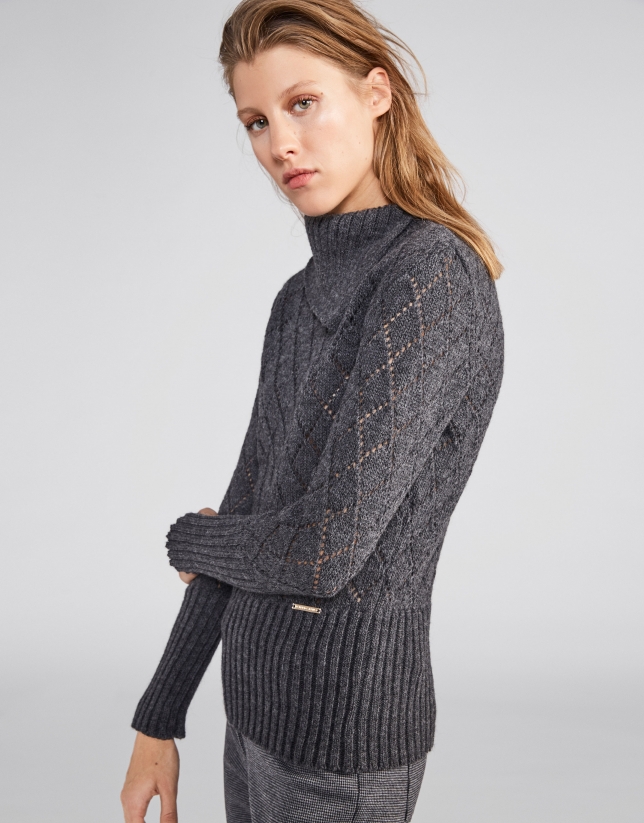 Marengo grey openwork sweater with asymmetric collar