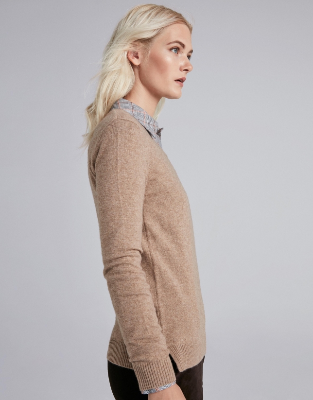 Mink-colored, V-neck sweater