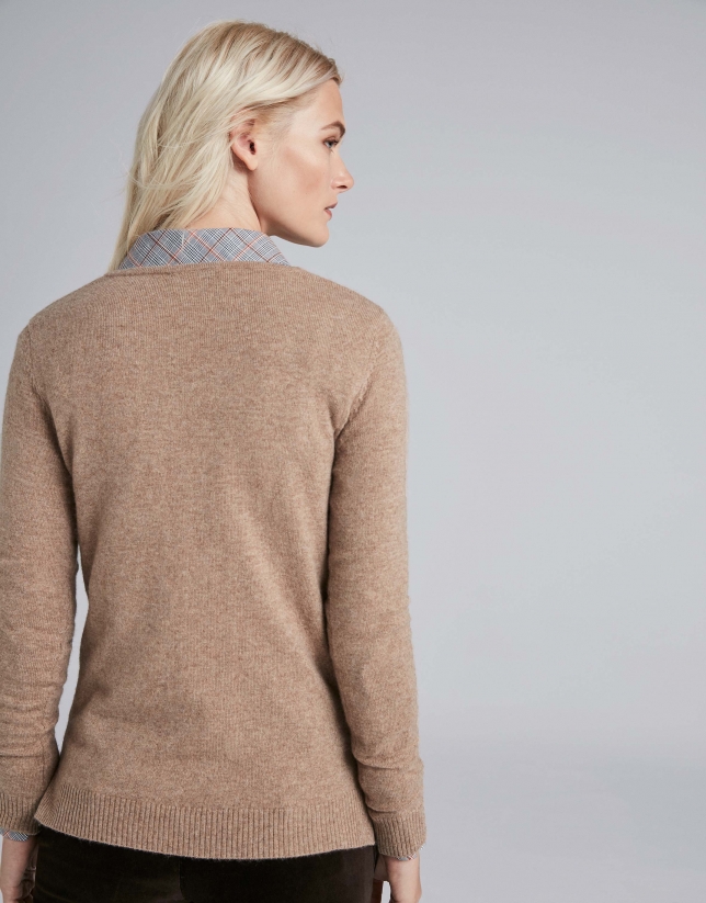 Mink-colored, V-neck sweater