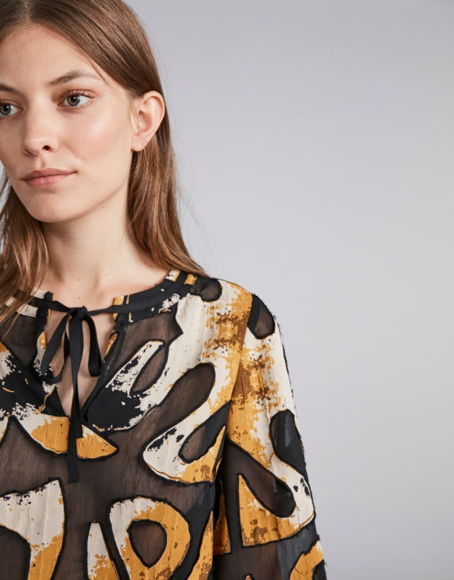 Ochre gold flowing lace shirt with print