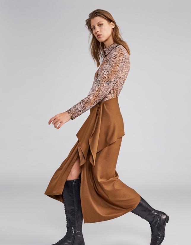 Camel sarong effect midi skirt