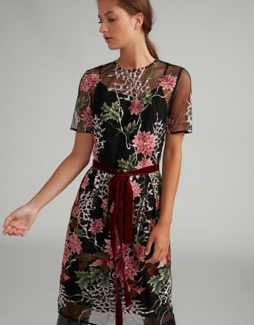 Black midi dress with floral embroidered tulle