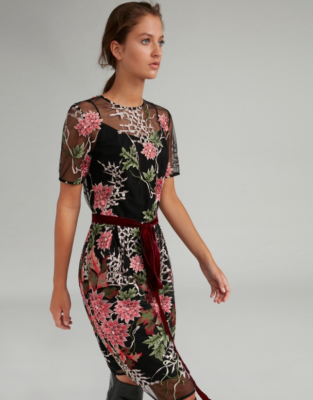 Black midi dress with floral embroidered tulle
