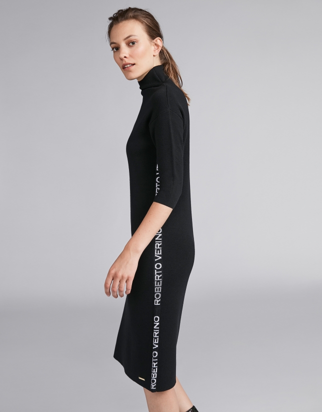 Plain black knit dress with RV jacquard