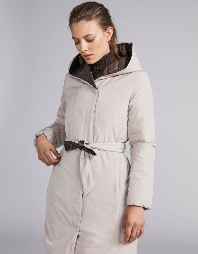 Coffee-colored, reversible quilted long parka