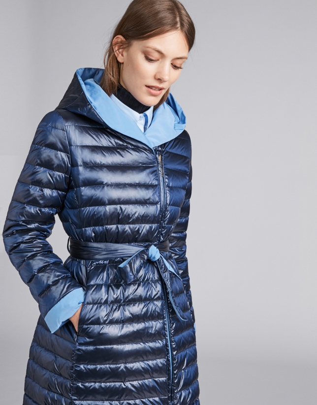 Navy blue reversible quilted long parka