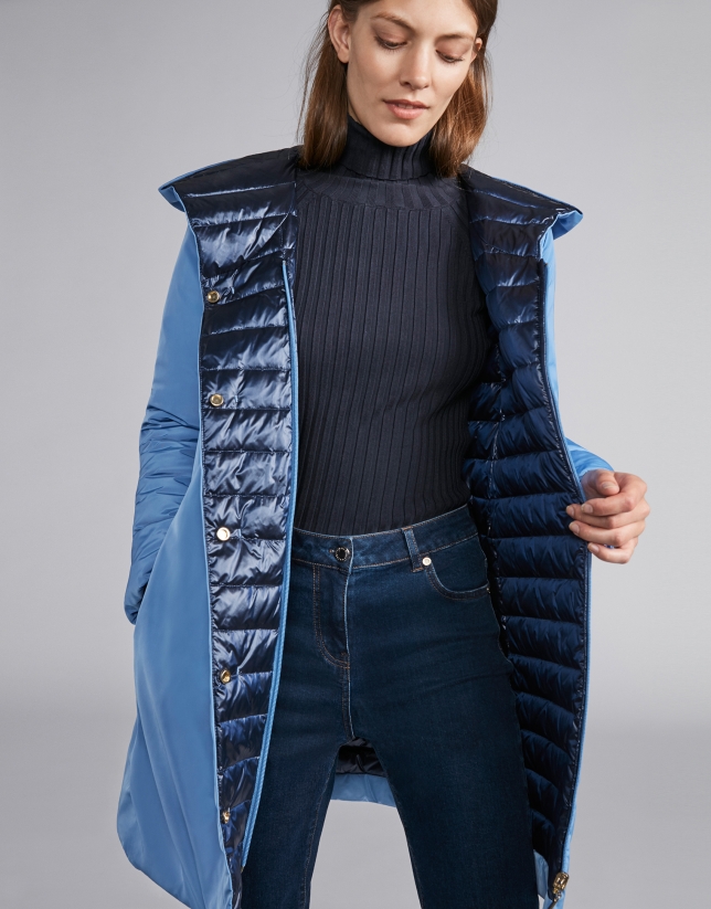Navy blue reversible quilted long parka