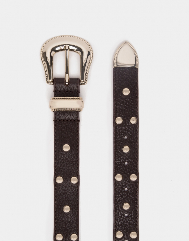 Black leather belt with metallic trim