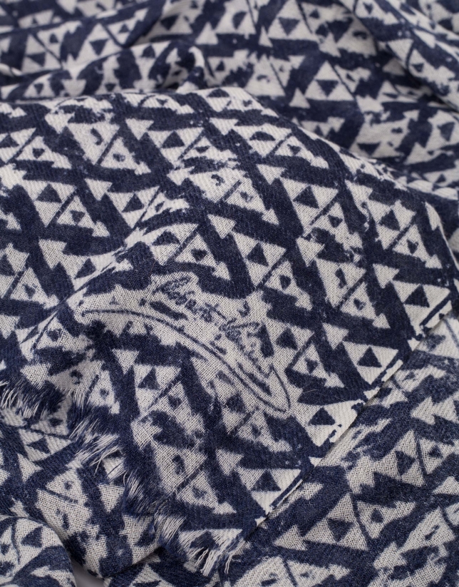 Navy blue wool foulard with gray print
