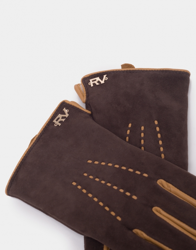 Coffee-colored suede and leather gloves