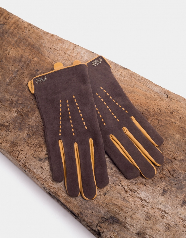 Coffee-colored suede and leather gloves