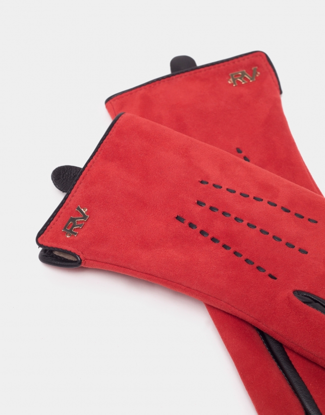 Red suede and leather gloves