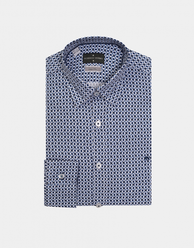 Brown/blue floral geometric print sport shirt