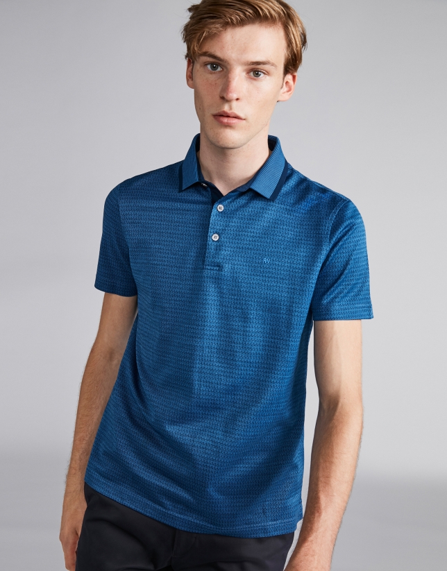 Blue jacquard polo with pinstripe collar