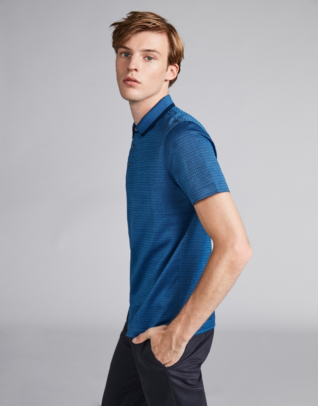Blue jacquard polo with pinstripe collar