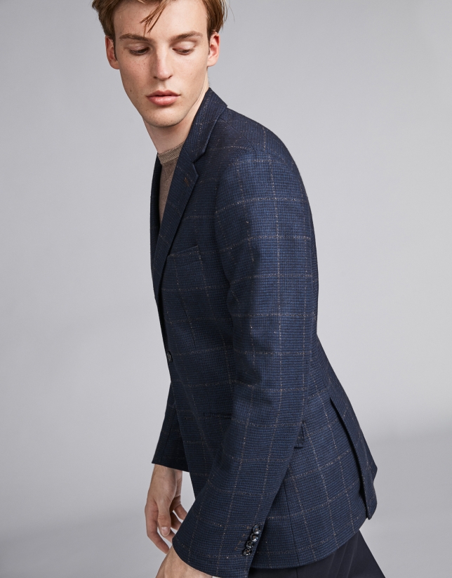 Navy blue checked suit jacket with brown lines