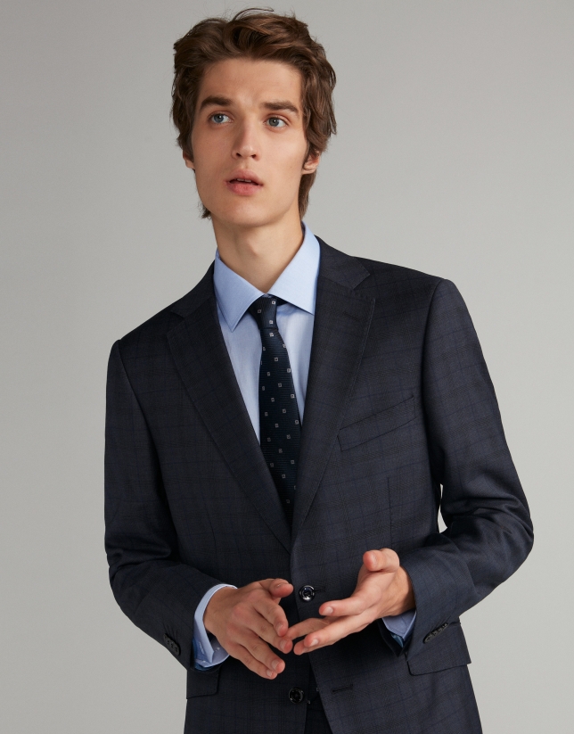 Navy blue checked, slim fit, wool suit