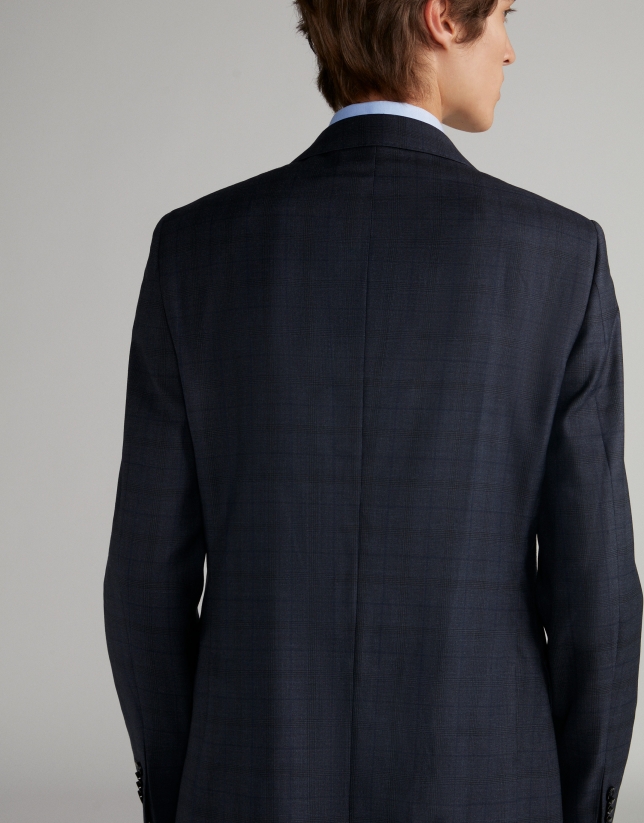 Navy blue checked, slim fit, wool suit
