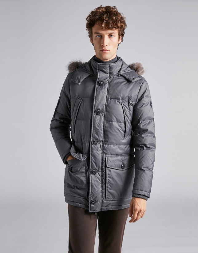 Dark gray ski jacket with detachable hood