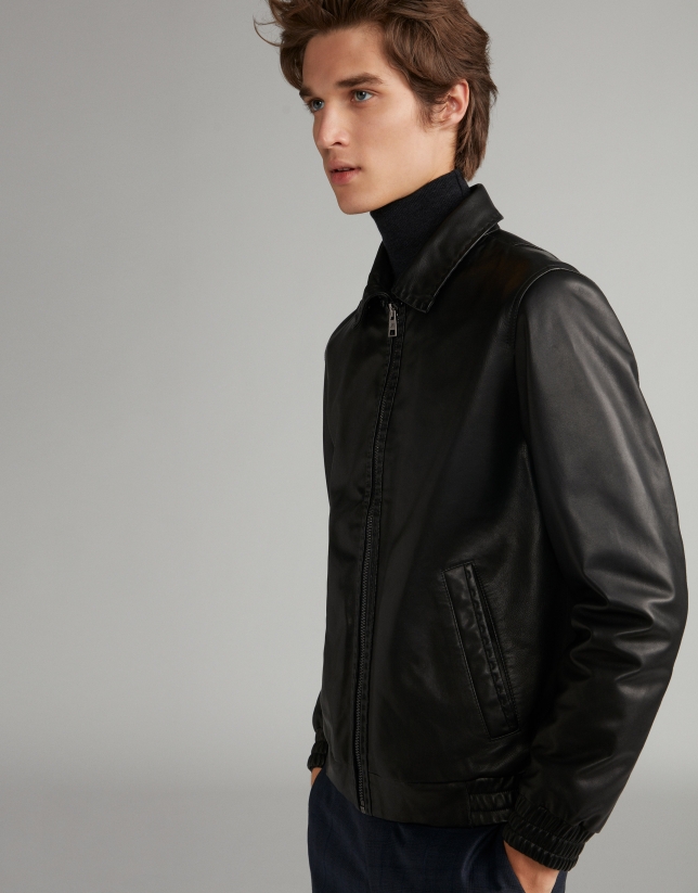 Black leather bomber jacket with removable collar