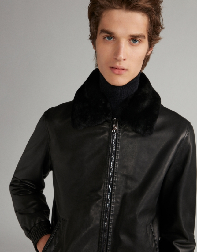 Black leather bomber jacket with removable collar
