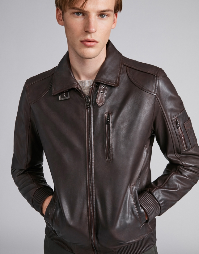 Brown leather aviator jacket