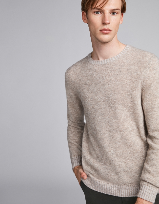 Mink-colored wool sweater with round neckline