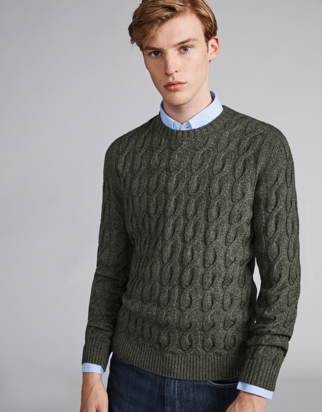 Khaki green melange sweater with cable-stitching