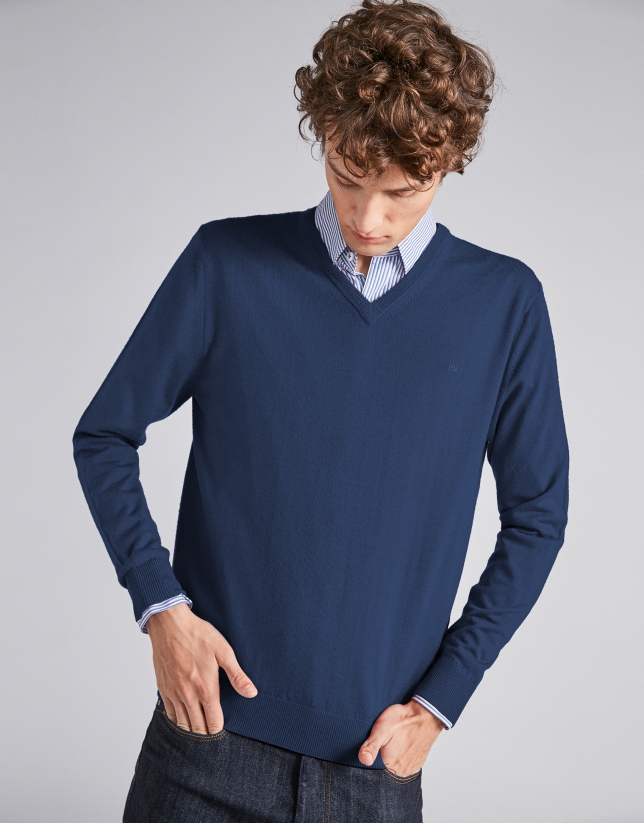 Navy blue wool V-neck sweater