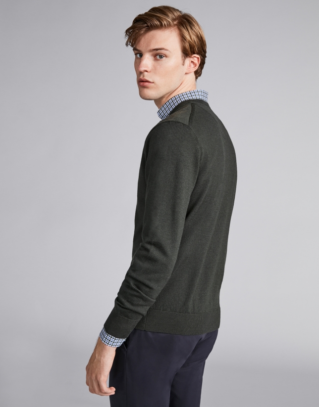 Khaki green wool V-neck sweater