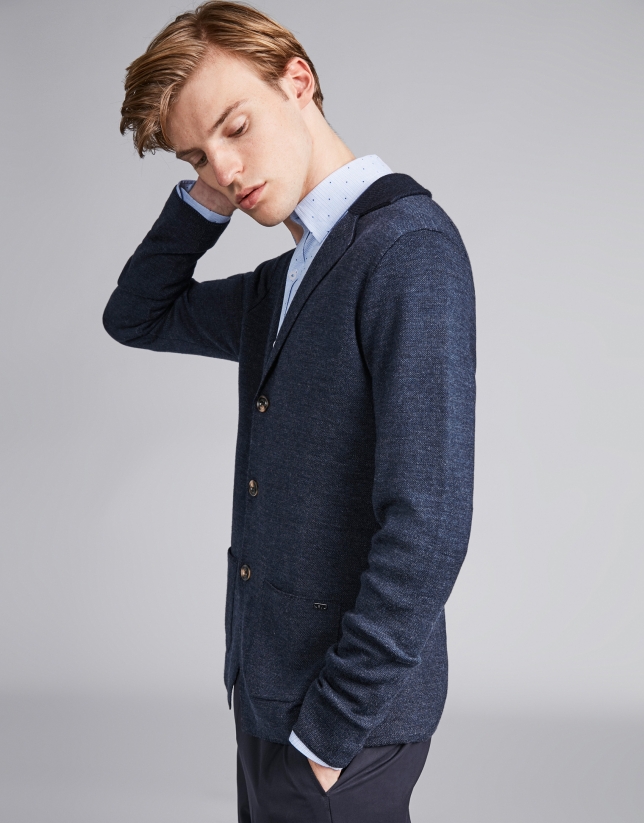 Navy blue wool jacket with knit collar