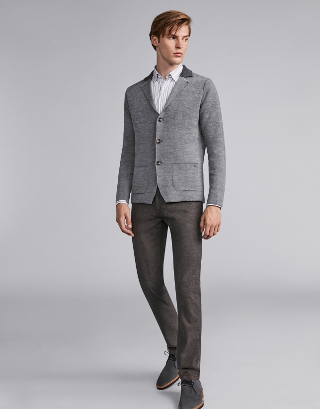 Gray wool jacket with knit collar