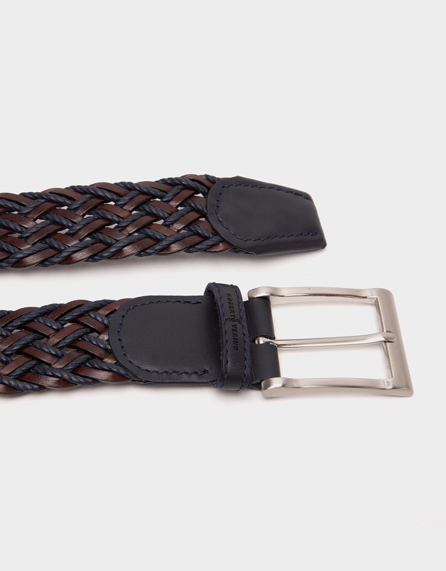 Brown/navy blue two color braided belt