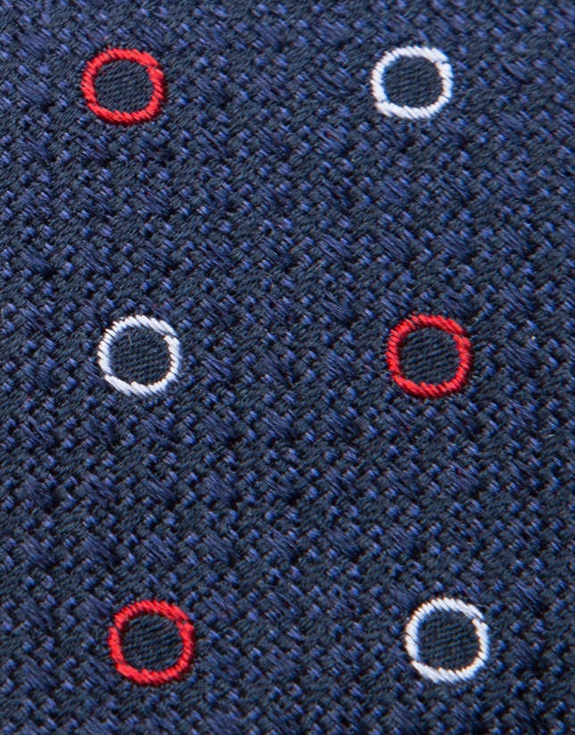 Blue wool tie with red/light blue circles