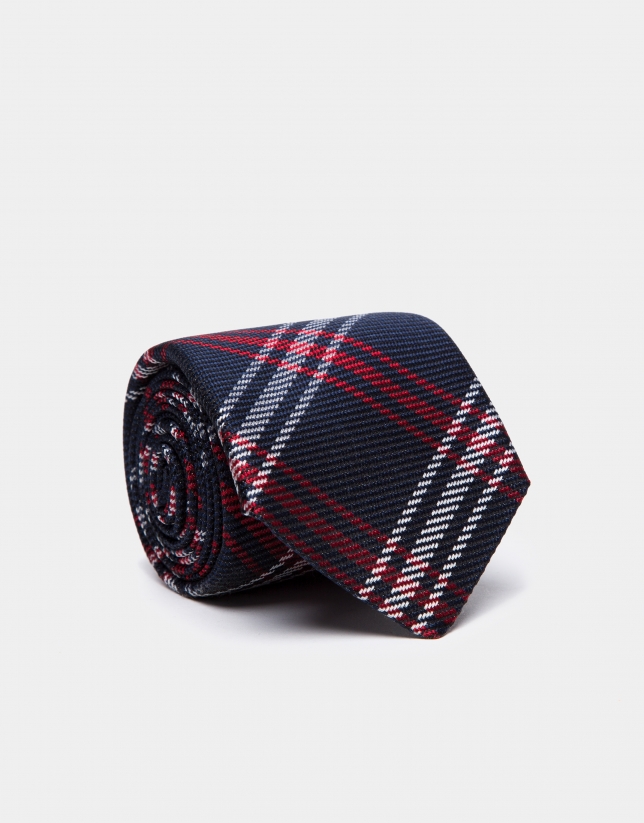 Blue wool tie with red/beige circles