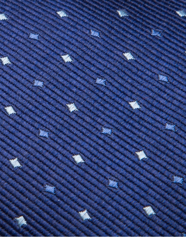 Corbata de seda azulón y jacquard geométrico en tonos azules