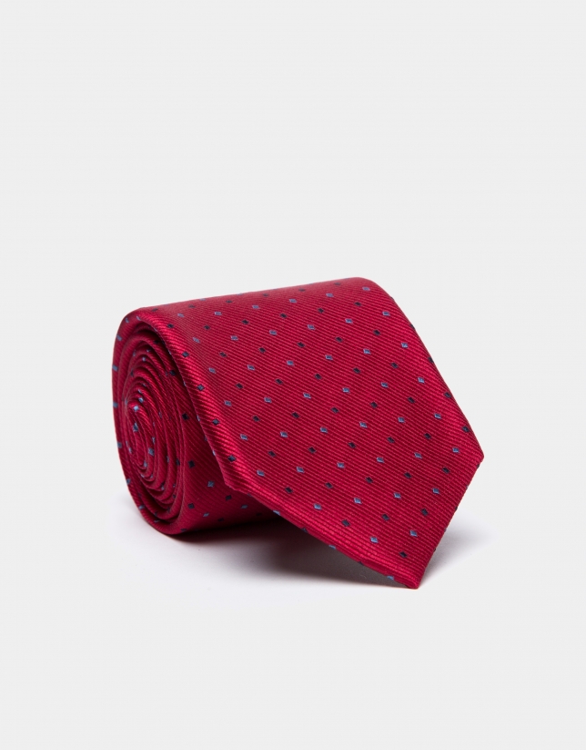 Corbata de seda roja y jacquard geométrico en tonos celeste/negro
