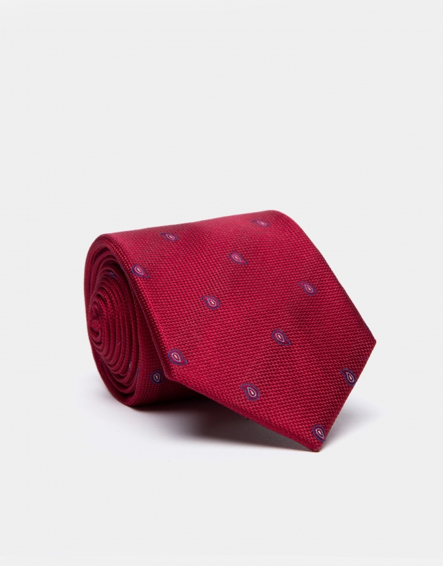 Red silk and jacquard tie with blue cashmere spots 
