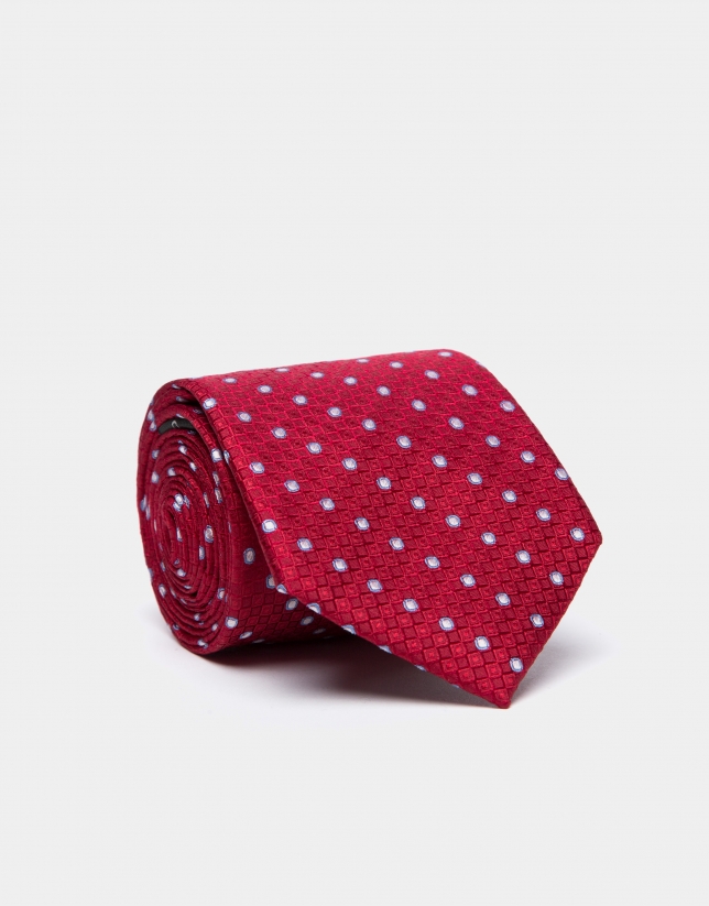 Red silk tie with blue/pearl gray circles