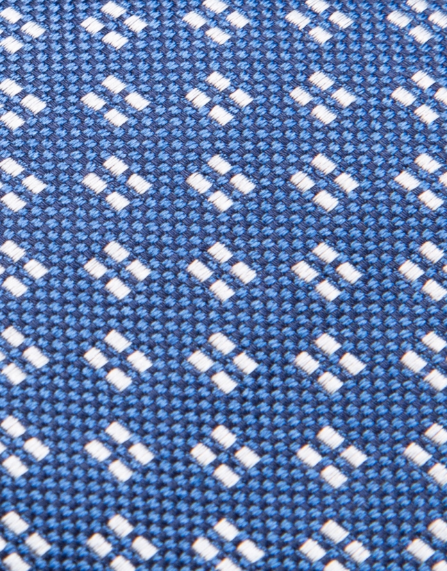 Blue silk tie with pearl gray jacquard geometric print