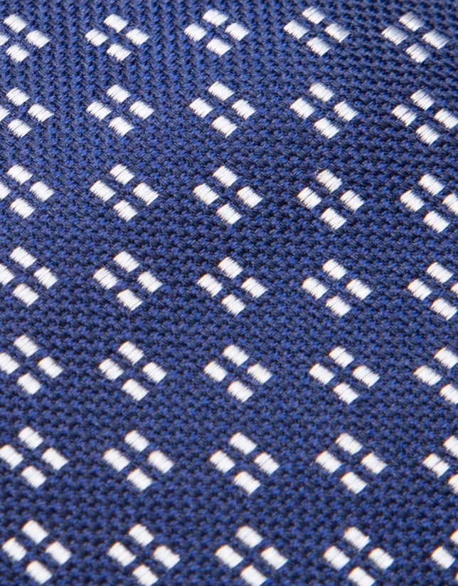Navy blue silk tie with pearl gray jacquard geometric print