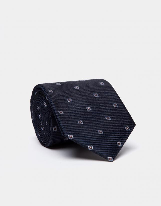 Navy blue/black silk tie with light blue geometric jacquard print