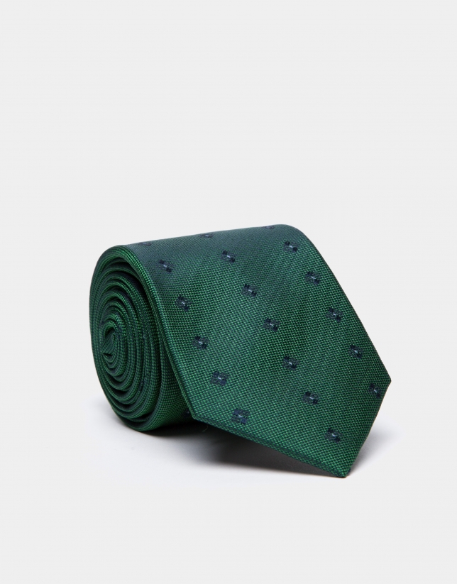 Corbata de seda verde con jacquard geométrico marino