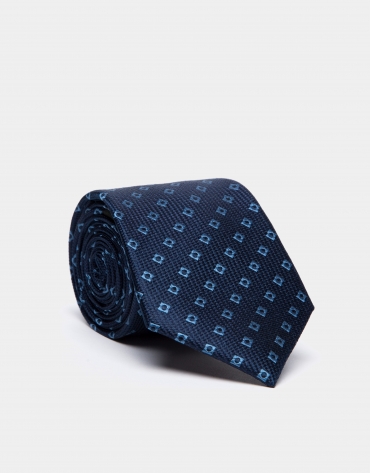 Dark blue silk tie with light blue geometric jacquard print